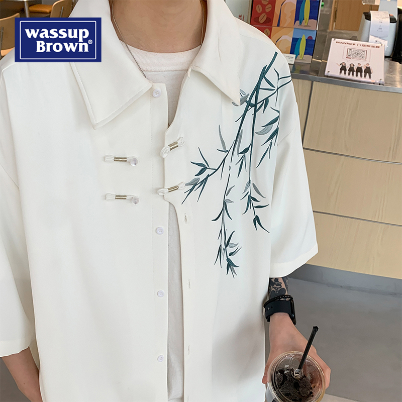 WASSUP中国风刺绣长袖衬衫男士春秋季薄款新款国潮牌中式宽松短袖