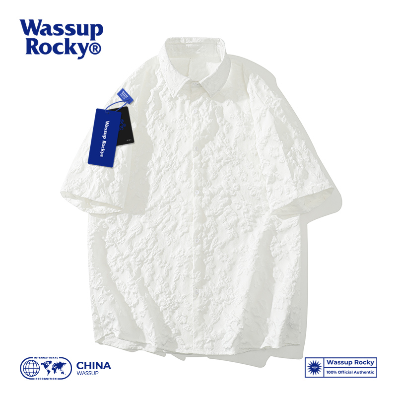 WASSUP中国风浮雕提花夏季五分袖衬衣男女潮牌复古情侣短袖衬衫潮