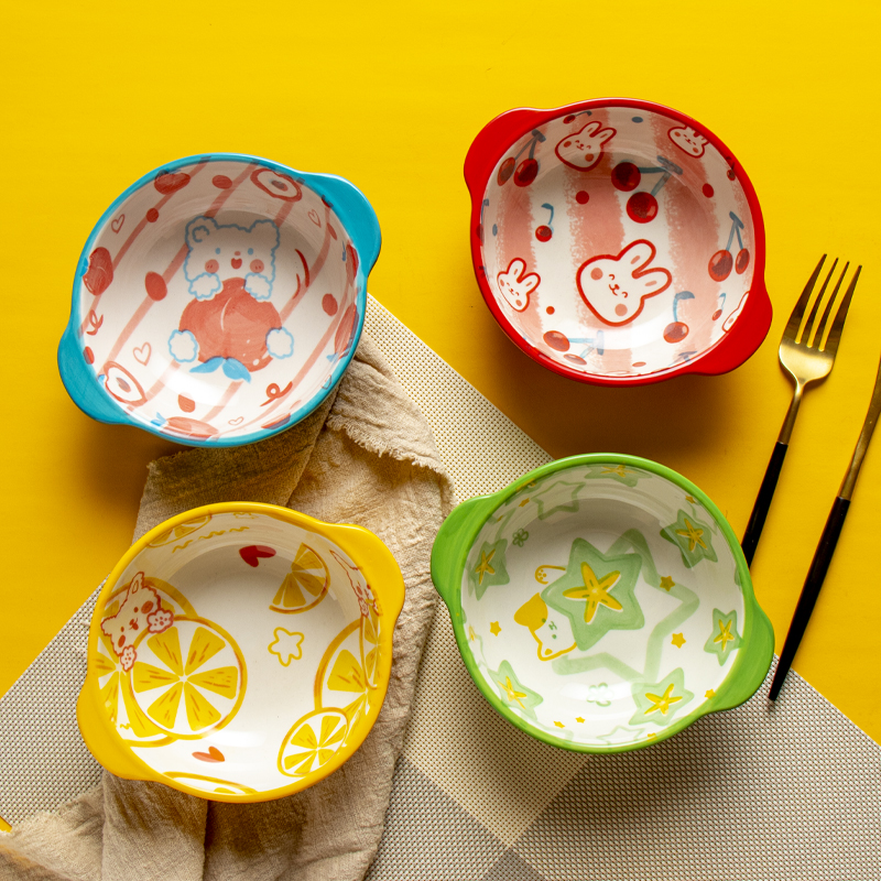 日式双耳陶瓷小碗可爱家用烤箱微波炉碗儿童宝宝蒸蛋碗早餐甜品碗