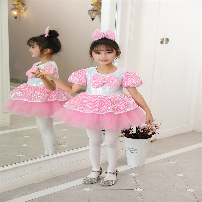 六一儿童演出服女童舞蹈亮片连衣裙粉色可爱公主裙蝴蝶结蓬蓬纱裙