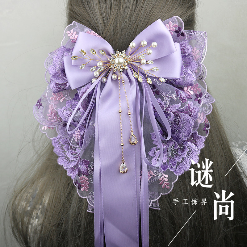 韩版新款紫色顶夹日系珍珠长飘带蕾丝大蝴蝶结发夹弹簧夹头花饰品