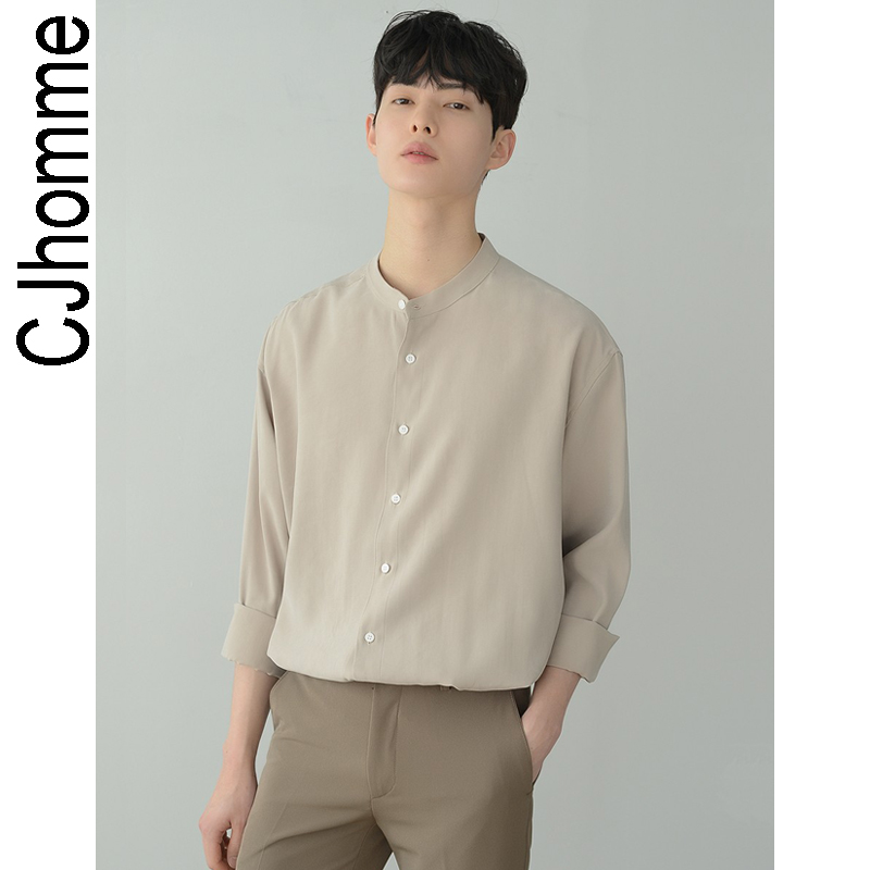 CJHOMME 韩版立领2022新款春夏男士棉麻衬衫流行帅气简约时尚衬衣