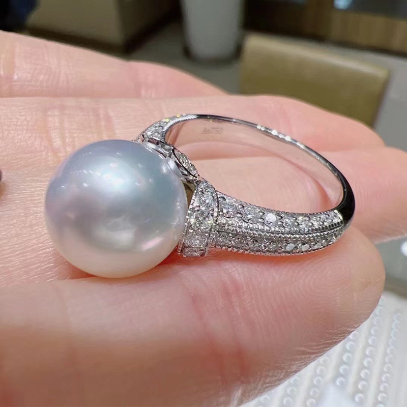 天然淡水媲美澳白冷白正圆戒指指环珍珠活口超大单颗11-12mm纯银