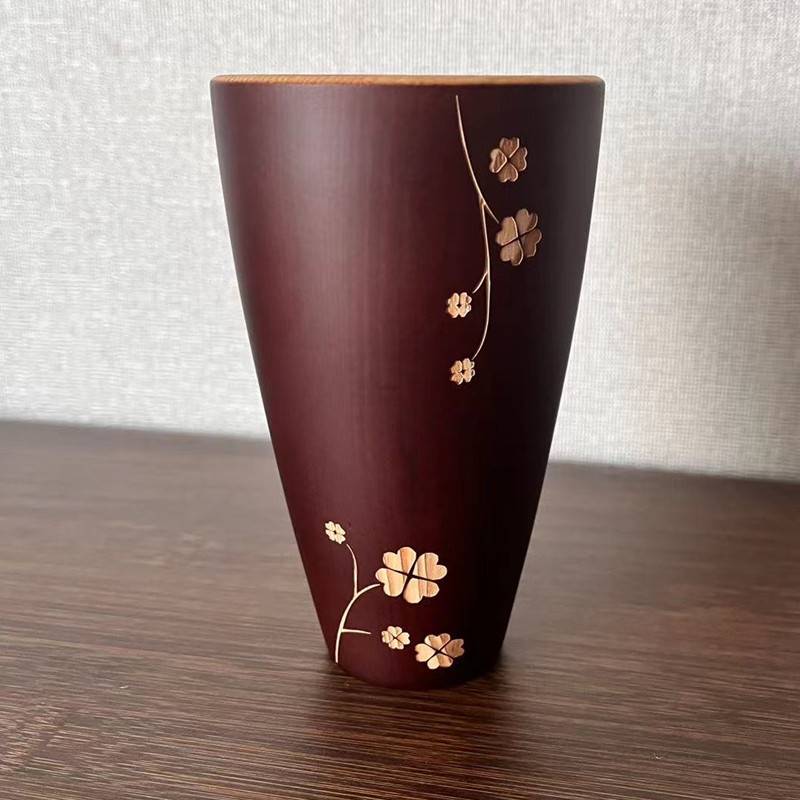 高档日式漆艺木杯子餐厅家用木质杯中式复古隔热杯饮料啤酒茶水杯