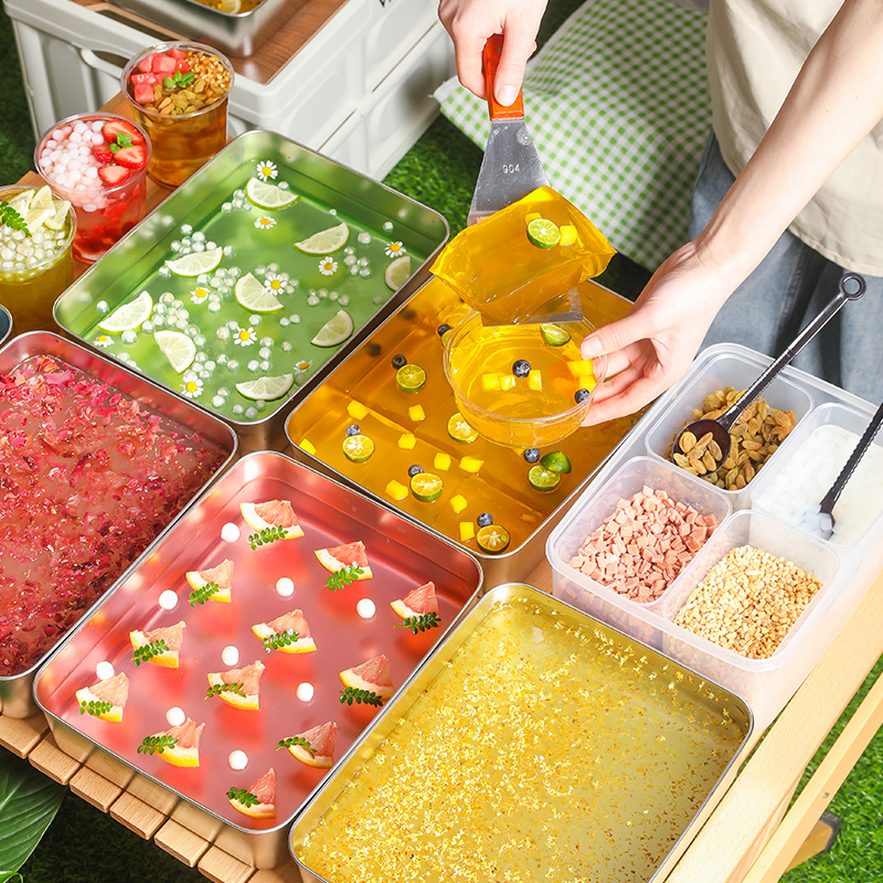 冰粉托盘商用装凉粉的容器不锈钢摆摊专用平底长方形提拉米苏盒子