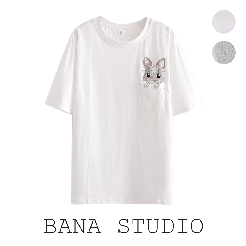 BANA森系简约学生减龄夏季女装宽松刺绣口袋兔子纯棉圆领短袖T恤