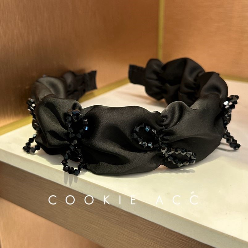 cookie饰品韩国精致气质高级感黑色缎面蝴蝶结头包脸发箍女发卡