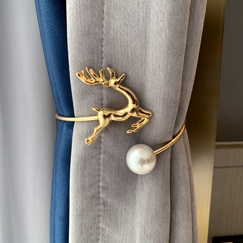 现代简约驯鹿珍珠合金属窗帘绑带免打孔夹子卧室客厅软装饰窗帘扣