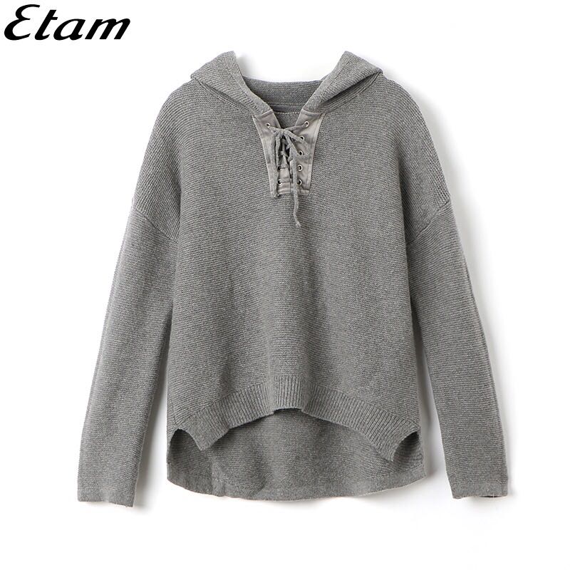 ◆Etam/艾格 ES专柜正品折扣店◆灰色前短后长带帽针织毛衣