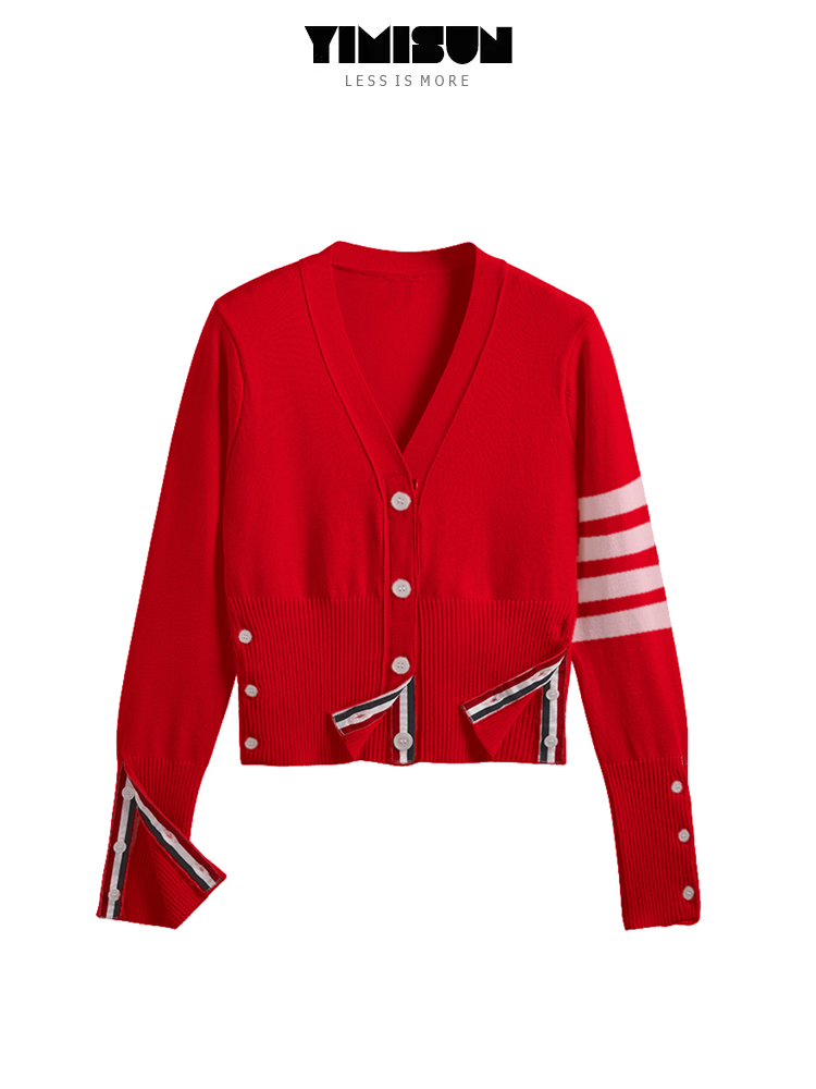 YIMISUNtbb新款大红色本命年V领四道杠织带针织开衫外套修身显瘦