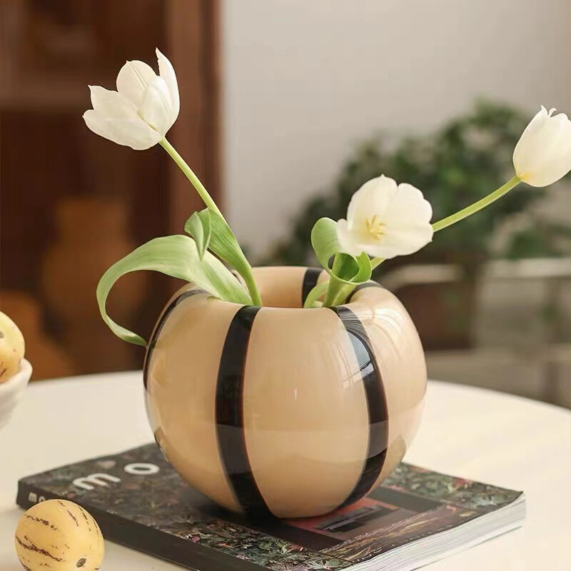 北欧设计感花瓶中古风风小众琉璃花瓶黑色条纹高级感插花花器