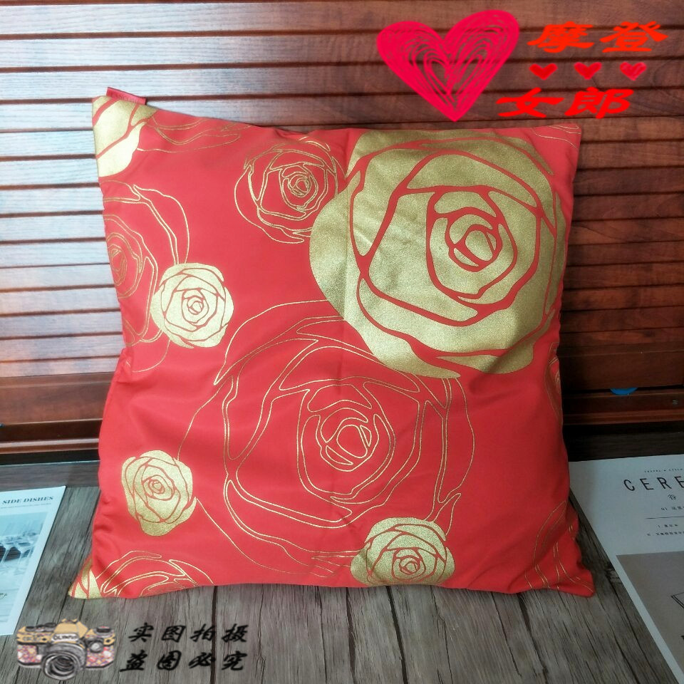 兰蔻新款中国红玫瑰烫金布艺单人护腰椅子靠垫套喜庆靠枕抱枕套