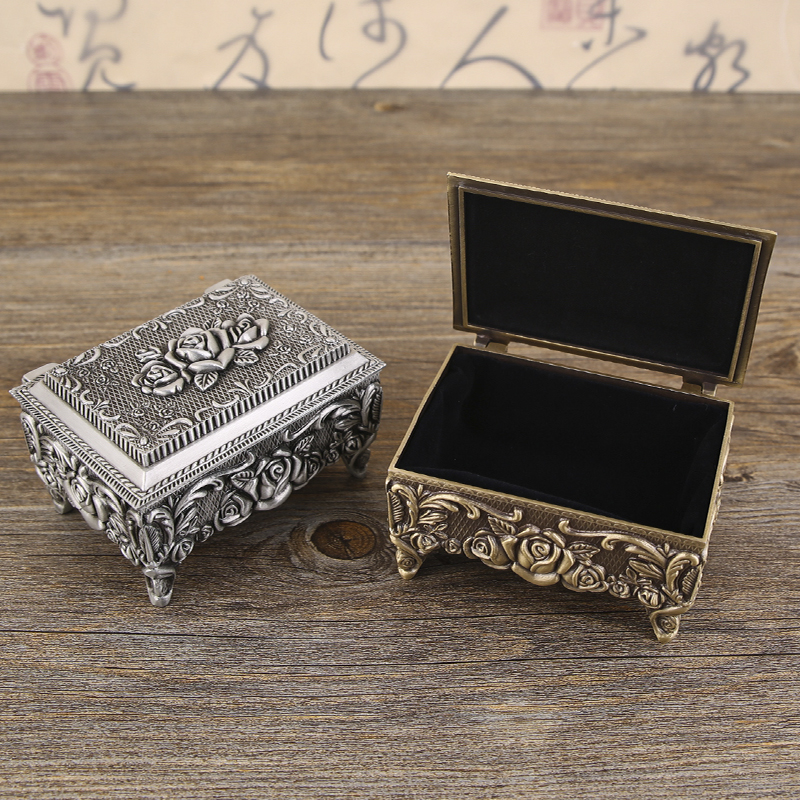 欧式复古金属玫瑰雕花首饰收纳盒长方形古锡饰品盒高档珠宝礼品盒