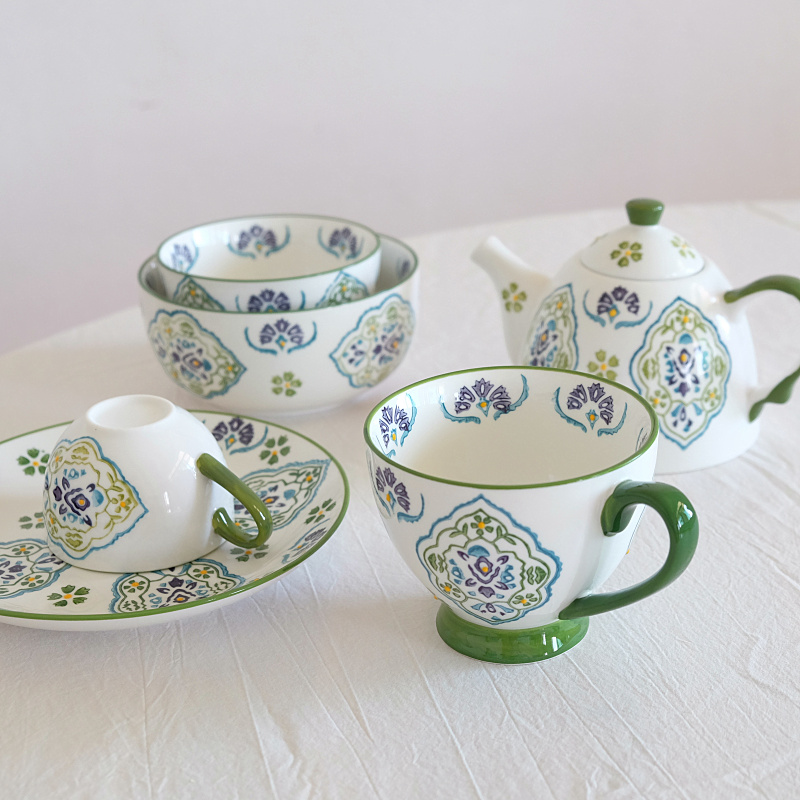 手绘波西米亚风格系列餐盘碗带漏网茶壶早餐杯燕麦杯面碗