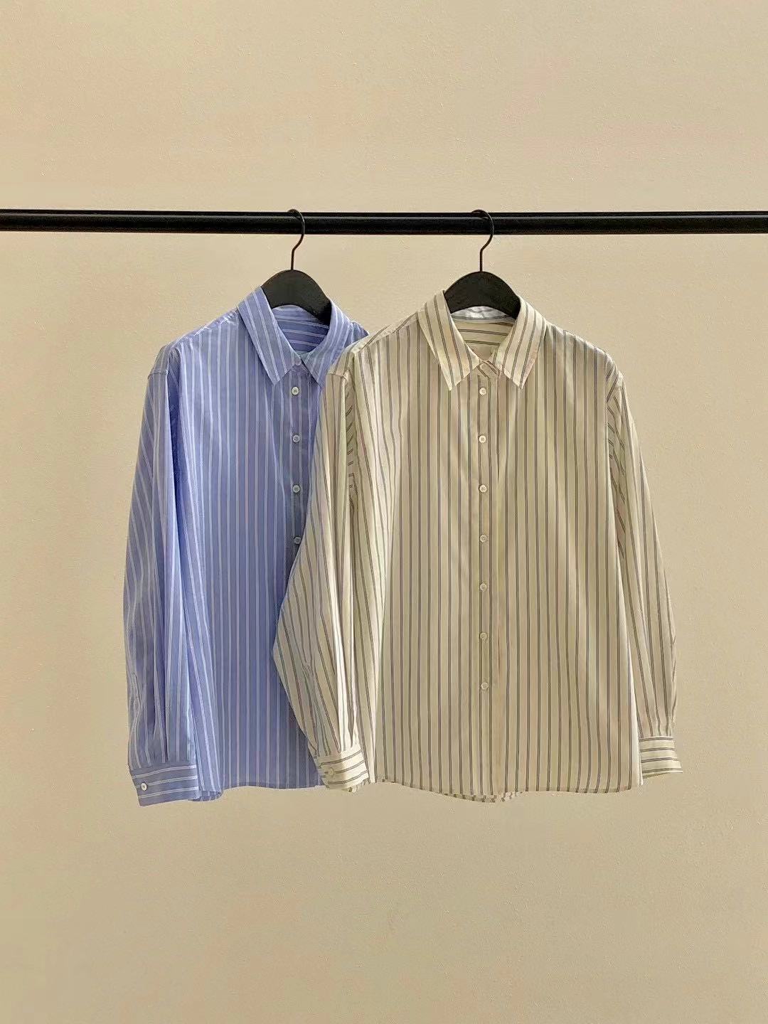Ounce2024韩国东大门代购春季新款设计感法式小翻领条纹衬衫