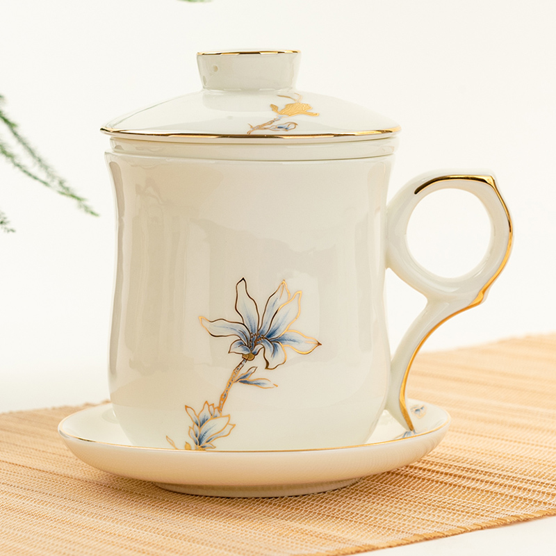 金岚玉唐山骨瓷带盖漏茶漏杯茶具陶瓷单个泡茶杯带漏茶水过滤茶杯
