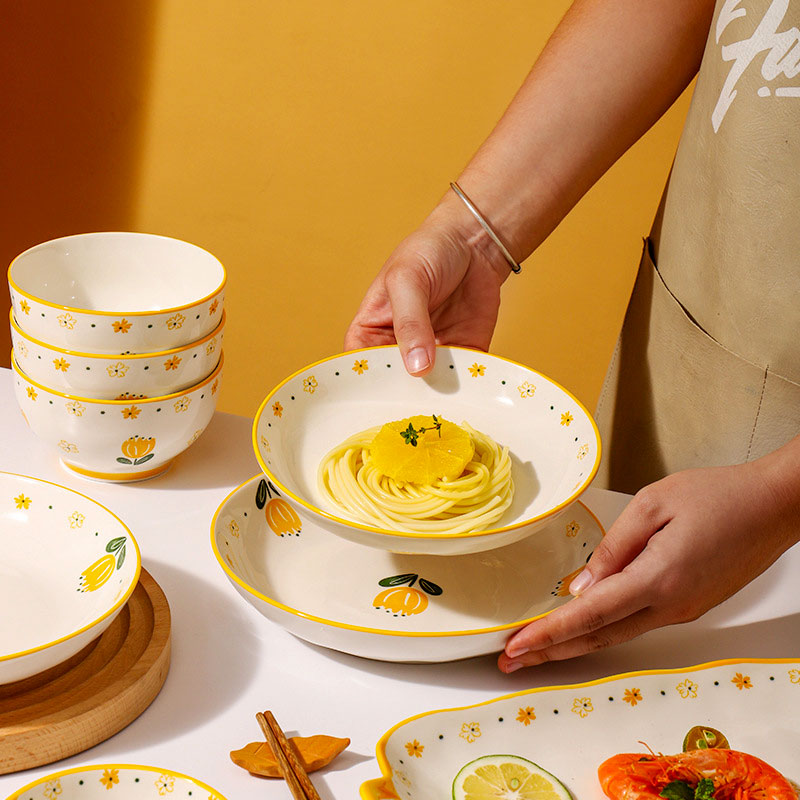 8寸圆盘日式餐具釉下彩家用陶瓷盘菜盘深盘子创意小清新餐具易洗