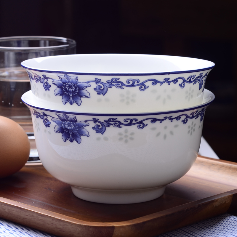 复古青花瓷吃饭碗汤碗防烫金钟碗单个小碗骨瓷碗碟餐具套装碗家用