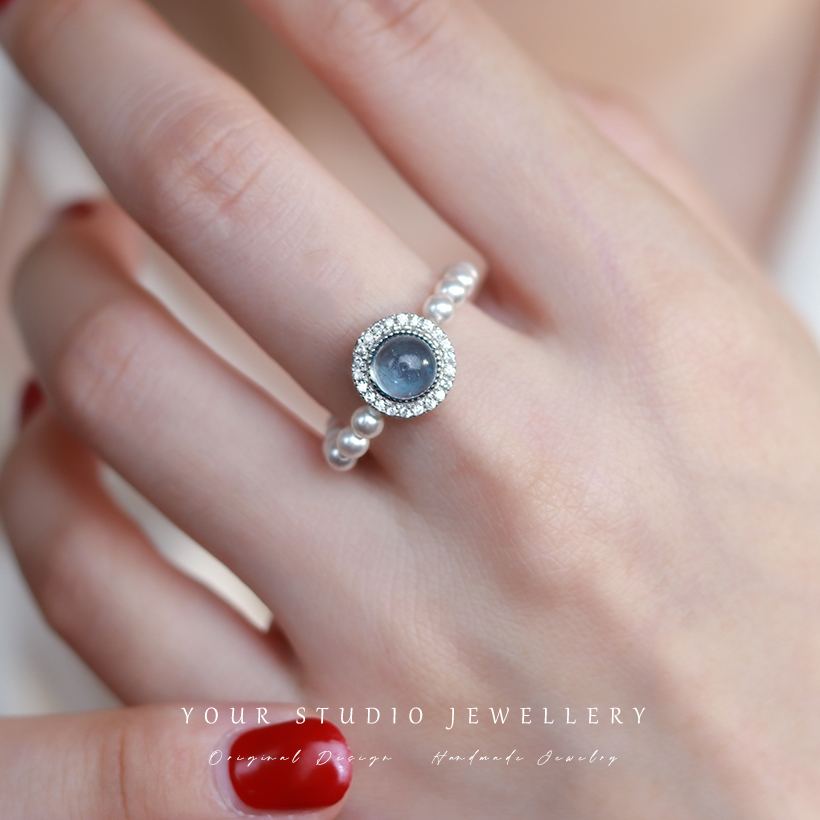 海之泪系列 天然海蓝宝石纯银S925施家珍珠戒指礼物女正品高级感