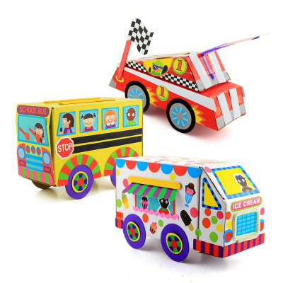 儿童手工diy彩盒汽车制作材料包幼儿园立体模型纸盒小汽车玩具