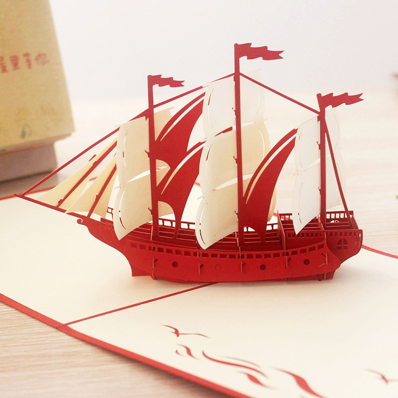 一帆风顺帆船3D立体贺卡圣诞节卡片生日纸雕公司企业定制新年礼物