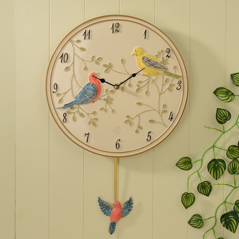 美式乡村立体小鸟树脂挂钟创意个性儿童房静音时钟时尚家居装饰钟