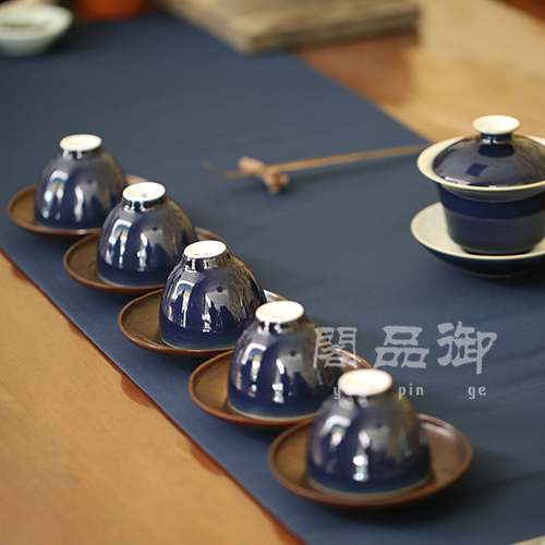 御品阁茶院 祭蓝盖碗套组 盖碗＋杯子 不烫手盖碗 手工盖碗